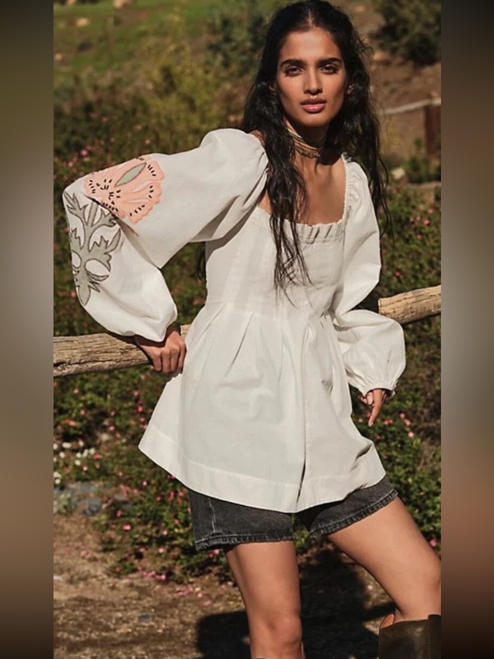 Free People Embroidered Balloon Sleeve Tunic Top